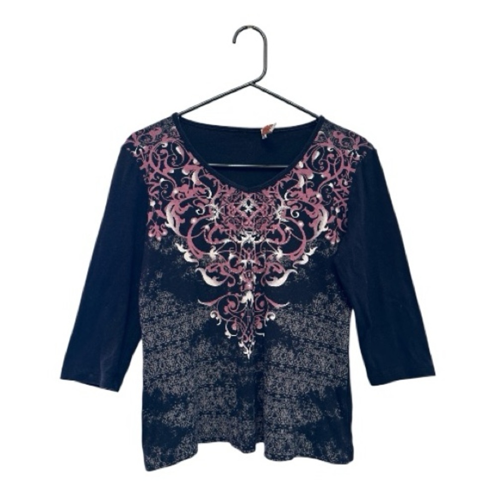 Vintage Y2K Era Blue Canyon Black and Pink Rhinestone Long Sleeve Top MP